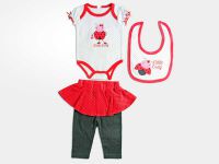 Baby short sleeve emb. bodysuit + printing skirt pant + bib 3pc set