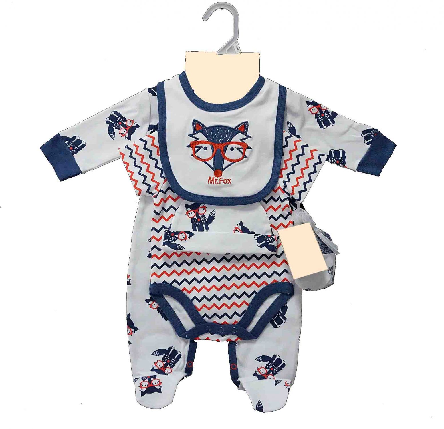 baby long sleeve overall + short sleeve bodysuit + bib + cap + mittens 5pc set